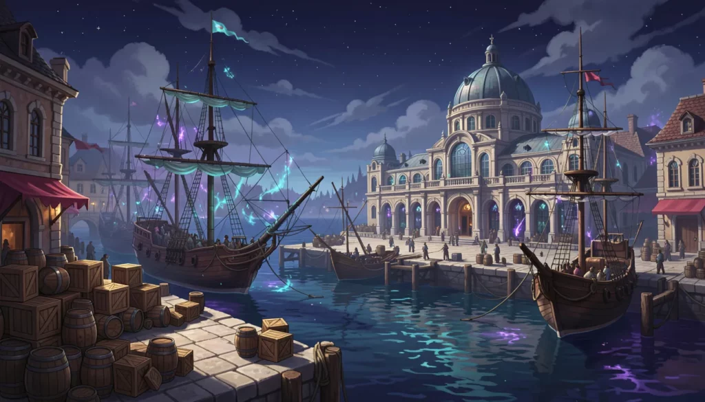 Illustration of a bustling fantasy harbor district with merchant ships and a domed exchange hall