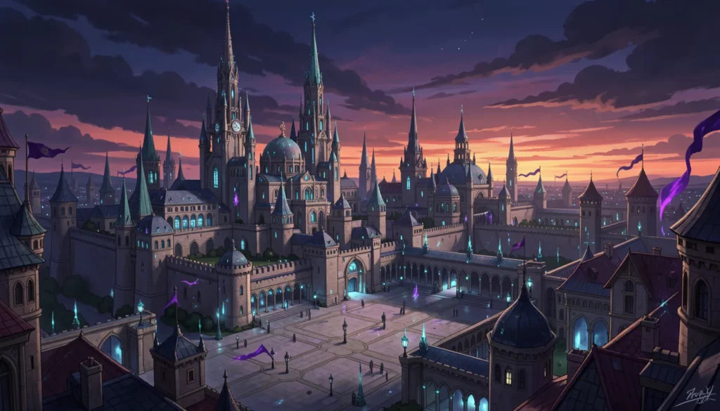Illustration of a grand fantasy capital city skyline with towering spires at sunset